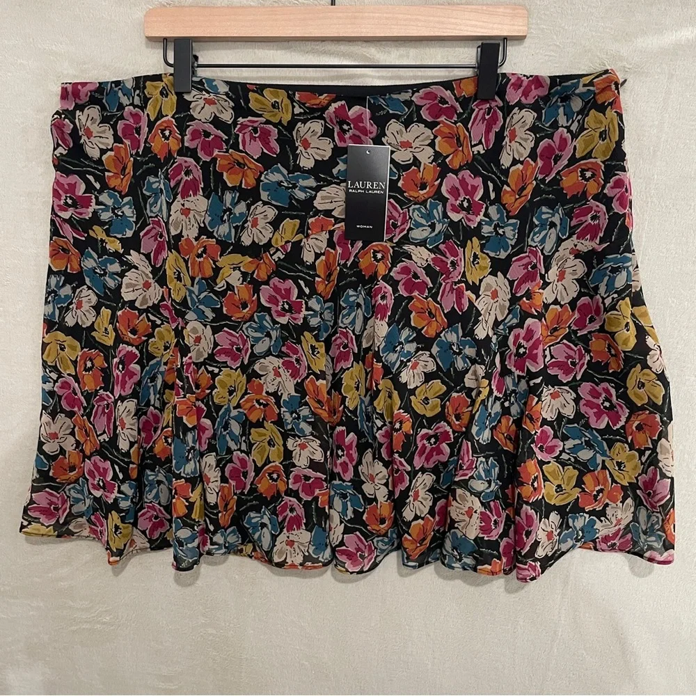 NEW Lauren Ralph Lauren Floral Georgette Mini‎ Skirt Black Multi 16W LRL